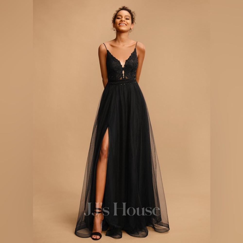 JJs House Black Lace Bodice Tulle Prom Dress with Thigh Slit